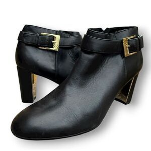 Aerosoles Women's Black Leather Ankle Booties Gold Trim Size 9